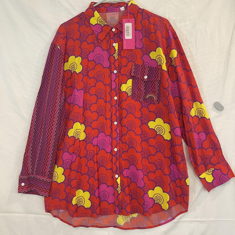 Terez Shirt‎ Womens Large Red Nested Floral Patchwork Button Down Long Sleeve